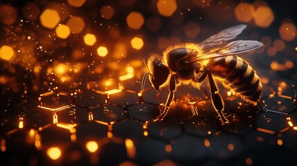 Macro photo of a bee on a glowing honeycomb with digital light effects on a dark background. Futuristic wallpaper