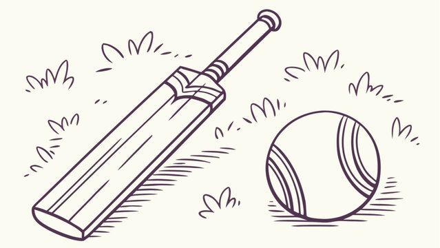 Hand drawn Cricket Bat and Ball Illustration vector. Hand Drawn Doodle Style Cricket Bat and Ball Illustration on Grass Field, Minimal Line Sports Vector with Playful Sketch Details on Light Back.