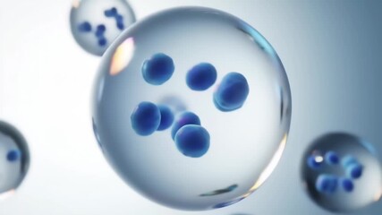 Close-up 3D render of translucent spheres, each containing multiple small blue spheres. The background is softly blurred with light blue and grey tones. - Powered by Adobe
