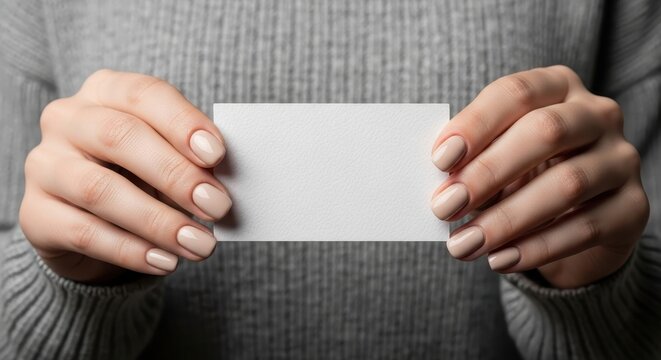 Woman Holding Blank Business Card Mockup, Close Up