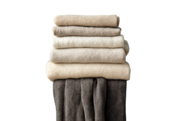 A neat stack of clean folded bath towels isolated on white.