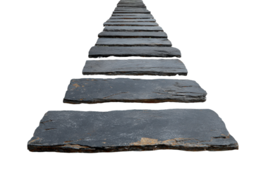 Perspective view of a rustic stone path made of slate slabs.