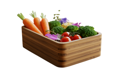 fresh vegetables in wooden box on transparent background