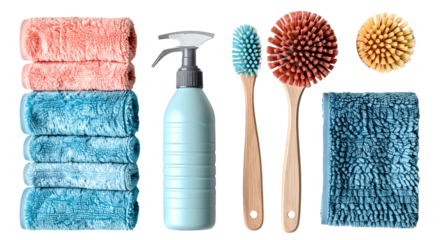 Transparent Background Overhead View of Insulated Cleaning Brushes and Detergent Bottle, Isolated