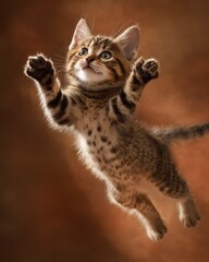 Adorable Tabby Kitten in Midair Leap, Showcasing Furry Playfulness and Cutie Charm
