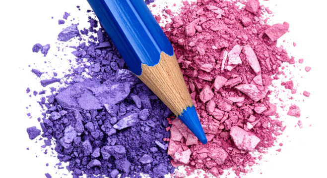 transparent background PNG Blue Eyeliner Pencil with Makeup Powder Shavings Flat Lay