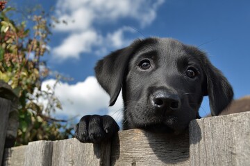 Adorable Black Labrador Puppy Peeking Over a Rustic Wooden Fence Under a Bright Blue Sky