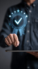 Person touching glowing digital award badge with checkmark and stars on tablet screen certification