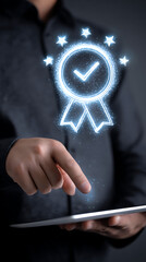 Person touching glowing digital award badge with checkmark and stars on tablet screen certification