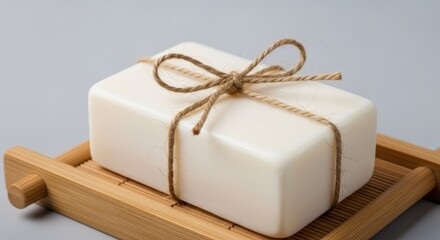 Wrapped Soap Bar on Bamboo Tray - Spa and Wellness Concept