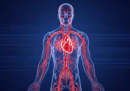 3d render of the human circulatory system with a prominent heart and blood vessels against a blue background