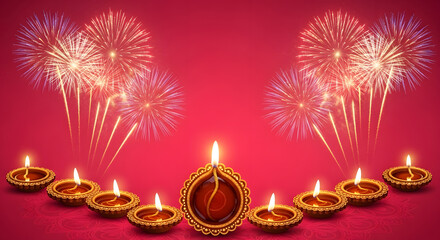 Diwali celebration with illuminated diyas and firework display on a vibrant red background design