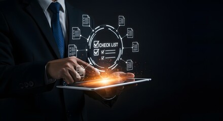 Business Professional Using Digital Checklist on Tablet