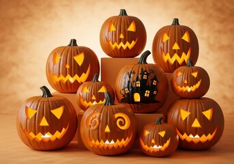 Illuminated Jackolanterns Halloween Display with Haunted House Design