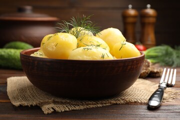 Tasty young boiled potatoes with dill and oil in bowl on wooden table, closeup