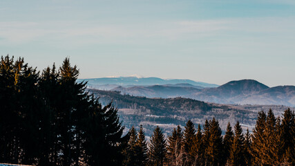 Winter mountain landscape with forest and rolling hills