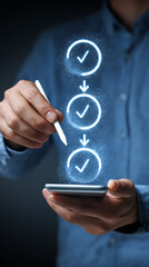 Person using a stylus on a smartphone displaying a digital checklist with glowing checkmarks to-do list