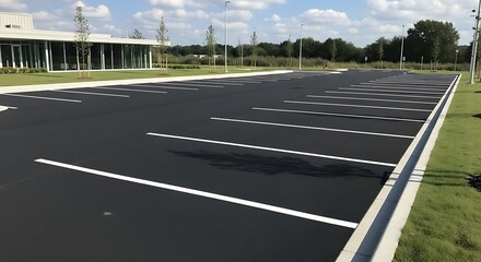Empty newly paved asphalt parking lot with white lines.