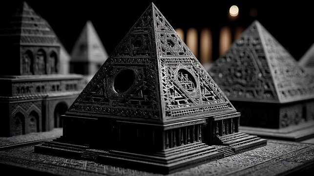 the image shows a collection of architectural models, resembling miniature monuments with a dark stone appearance