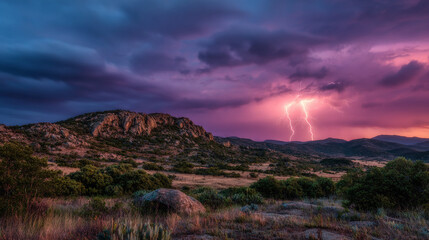Obraz premium A dramatic landscape featuring lightning strikes over hills under a stormy purple and blue sky at dusk