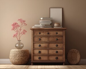 Cozy Living Room Scene Featuring Brown Chest of Drawers, Books, Pink Bloom, and Wicker Basket Against a Warm Sepia Wall