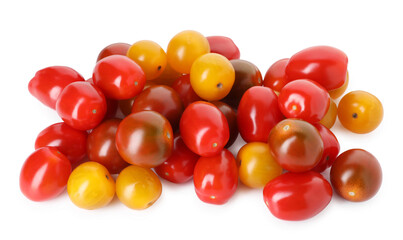 Heap of different ripe juicy tomatoes isolated on white