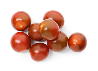 Many ripe juicy tomatoes isolated on white, top view