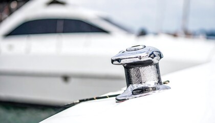 Obraz premium Close-up of a shiny metal mooring cleat on a white boat