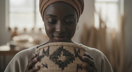 African woman holding handmade basket. Art, craft, small business, design, African heritage, cultural preservation, home decor concepts.  Promote ethical sourcing.