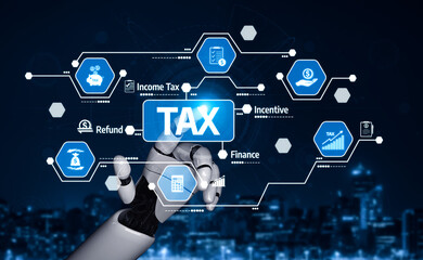 A futuristic robot hand interacts with digital tax symbols, depicting the integration of technology and finance in modern tax management against a city skyline backdrop. Tessel