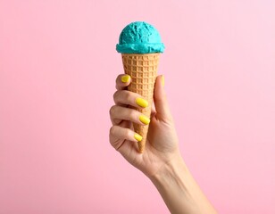 Woman Hand Holding Cyan Ice Cream Cone with Yellow Nails on Pink Background