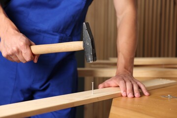 Professional repairman hammering nail into wooden plank indoors, closeup
