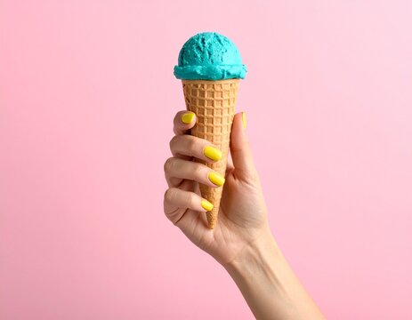 Woman Hand Holding Cyan Ice Cream Cone with Yellow Nails on Pink Background