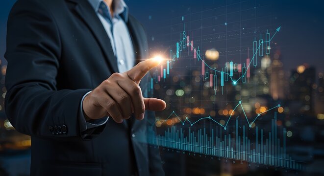 Businessman Touching Stock Market Graph with City Skyline Background
