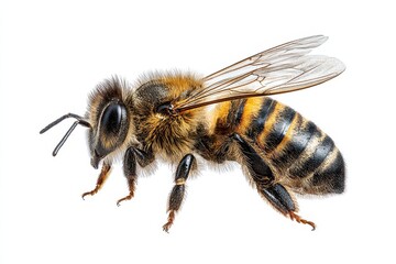 Macro Closeup of Black Bee Stripes Isolated on White Background with Detailed Antennae