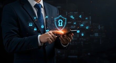 Businessman using smartphone with digital security icons and data flow