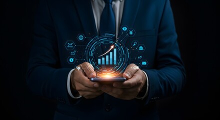 Businessman using smartphone with futuristic financial analytics interface and growth chart