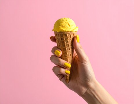 Woman Hand Holding yellow Ice Cream Cone with Yellow Nails on Pink Background 
