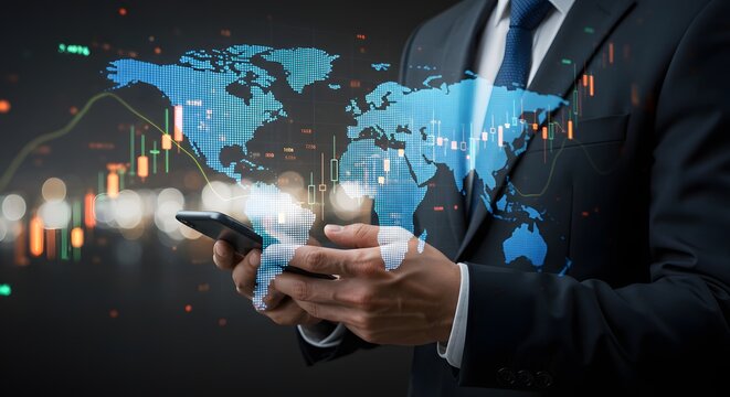 Businessman Using Smartphone with Global Financial Data Overlay