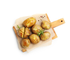 Tasty baked potatoes with rosemary isolated on white, top view