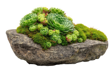 Obraz premium Green succulent sempervivum plants growing on a natural stone.
