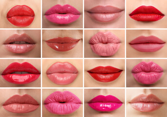 Women's lips with lipsticks of different shades, collage