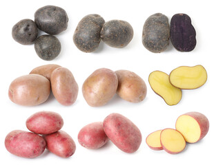 Different types of raw potatoes isolated on white, collage. Whole and cut