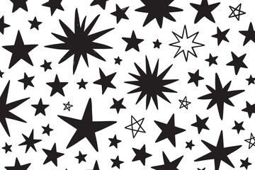 Whimsical hand drawn star pattern with varying sizes and styles on a textured white background