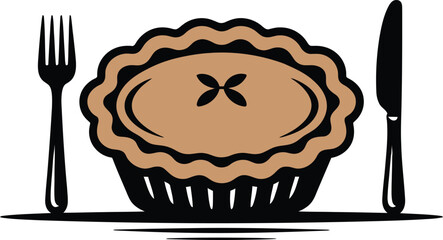 Pie Silhouette Vector Illustration Black Design with Fork and Knife for Dessert and Baking Graphics, a Delicious Vector Art Piece for Various Projects