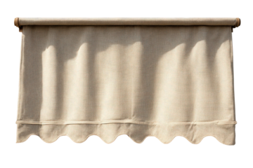 Beige fabric retractable sunshade awning with scalloped edge.