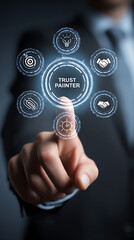 Person's finger interacting with a circular digital interface showing trust, partnership, target, and lightbulb icons