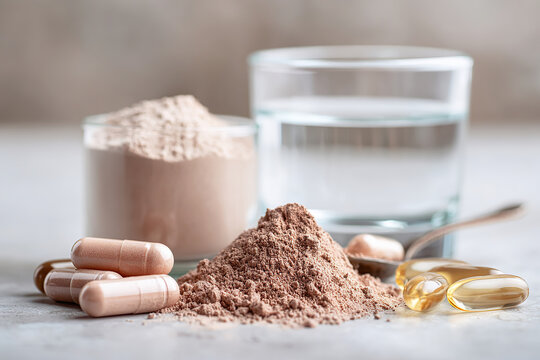Various vitamin powders and capsules with a glass of water on a neutral background