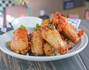 Crispy seasoned chicken wings on a plate with dipping sauce