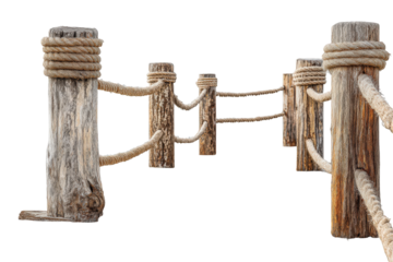 Rustic wooden log fence with thick rope railings isolated.